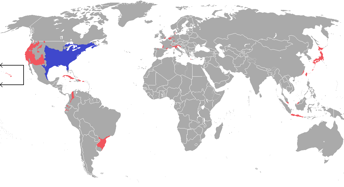 Wereldkaart waarop herkomst van de stierkikker is aangeduid, en de plaatsen waar die een invasieve soort is