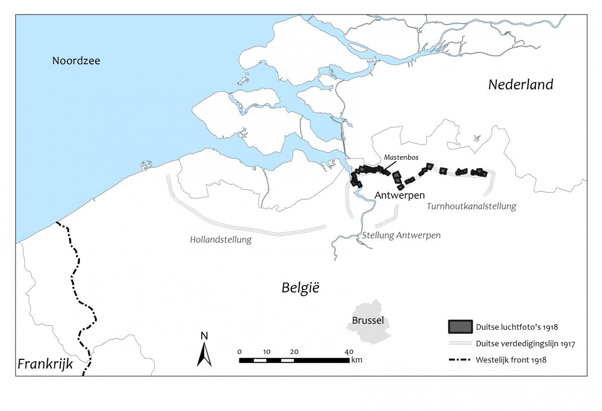 Visualisatie op kaart van de Duitse verdedigingslinie in het Mastenbos tijdens de Eerste Wereldoorlog