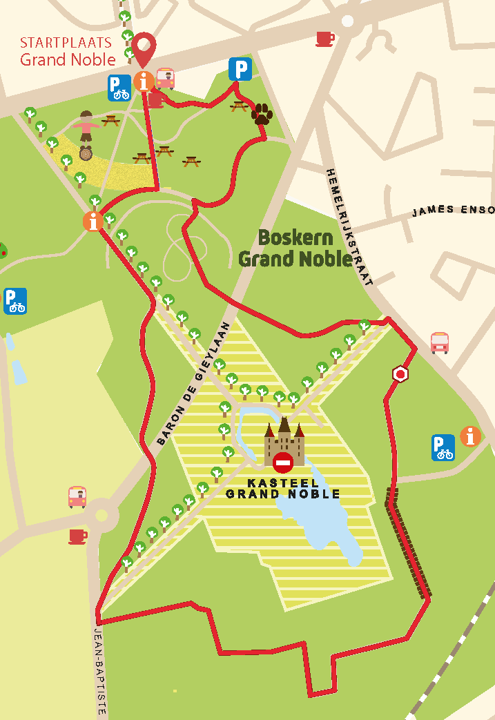 Wandelkaart van rode Grand Noble route door het Parkbos