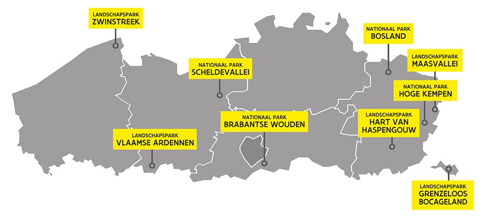 Kaart met Nationale Parken Vlaanderen