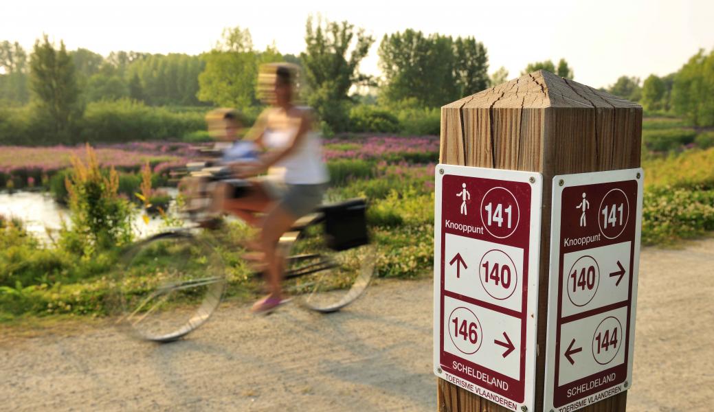 knooppuntenpaal met op de achtergrond een vrouw met kind op de fiets