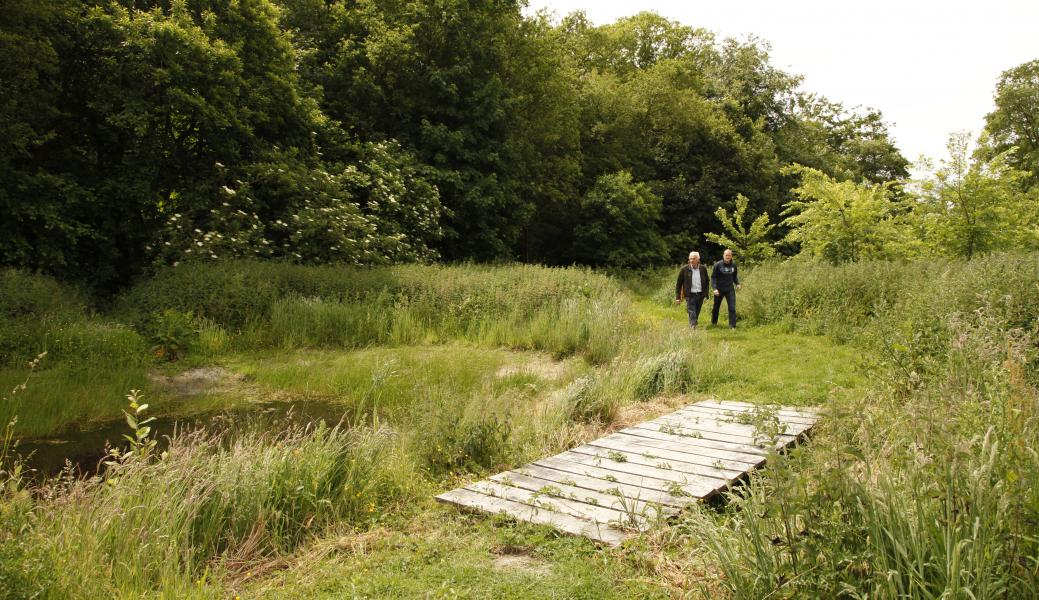 twee wandelaars in de buurt van de poel