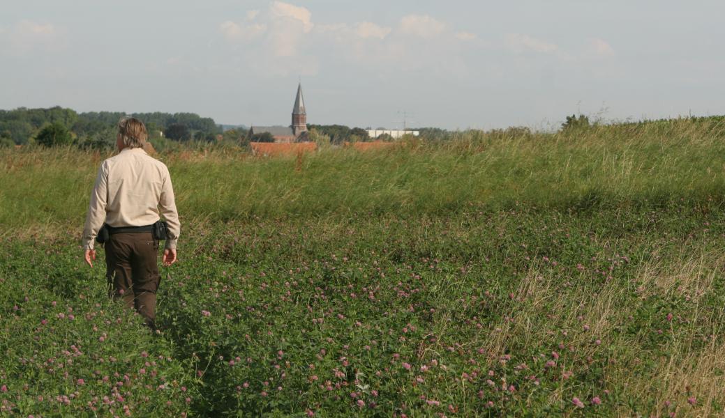 boswachter die het landschap bestudeert
