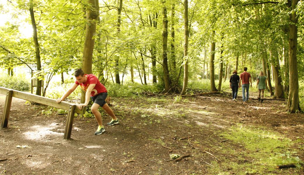 persoon die strectht met wandelaars op de achtergrond