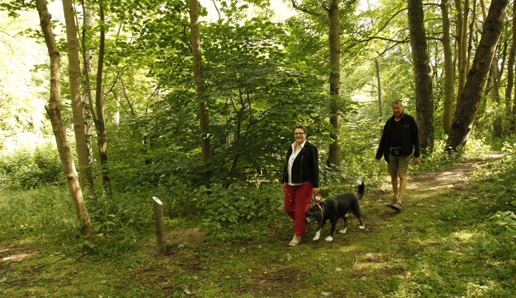 2 wandelaars met een hond