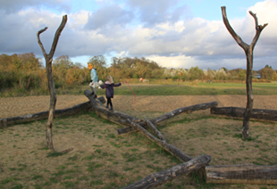 Kinderen spelen op een constructie uit boomstammen